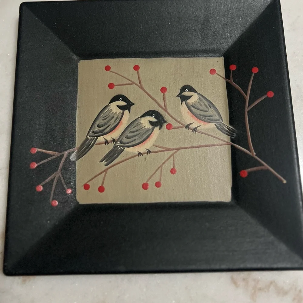 Donna White Square Decorative Hand Painted Wooden Plate Birds Artist Signed Vtg